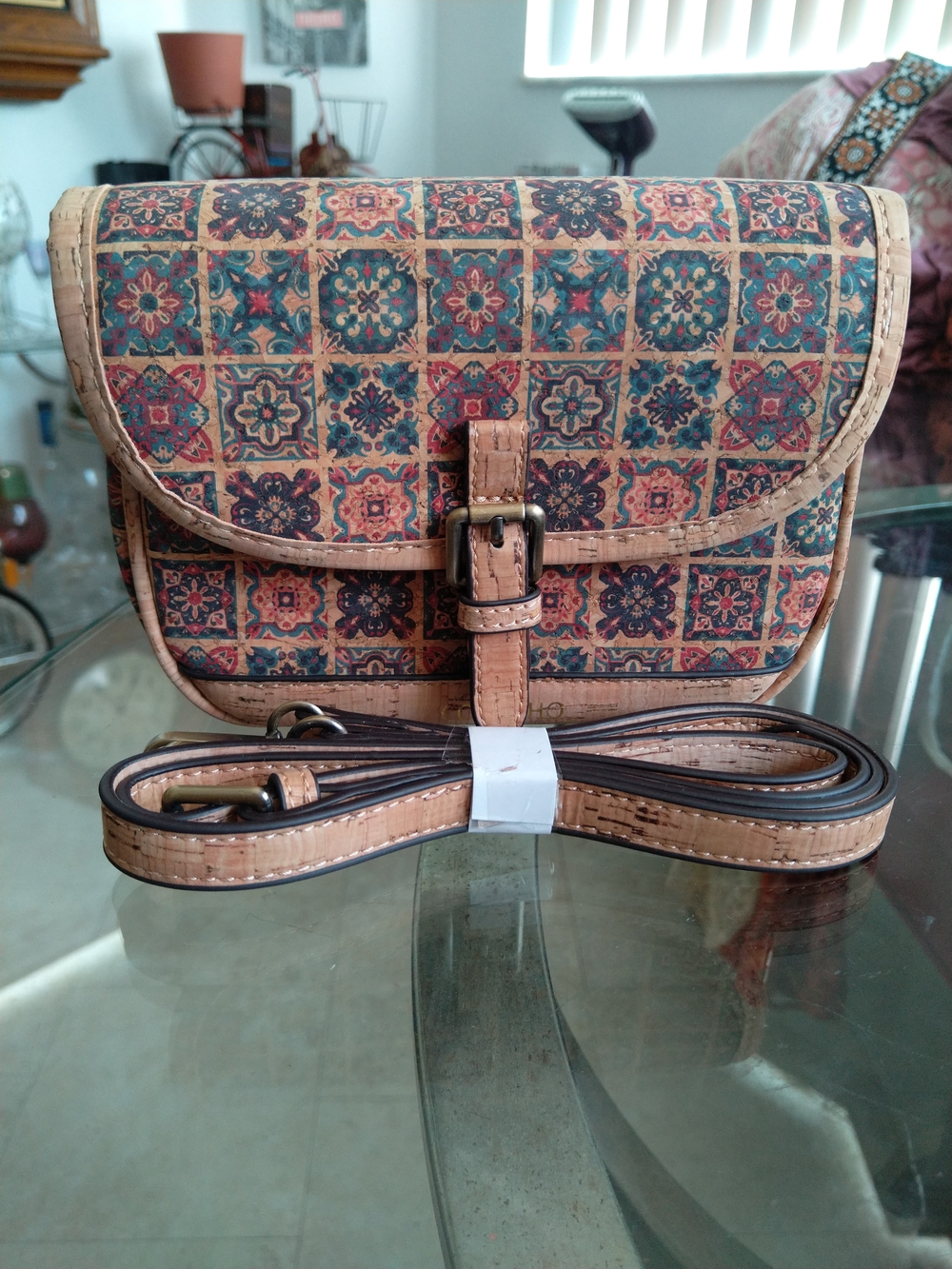 Tile-Print Cork Crossbody Bag in Tan and Multicolor - Picture 9 of 11